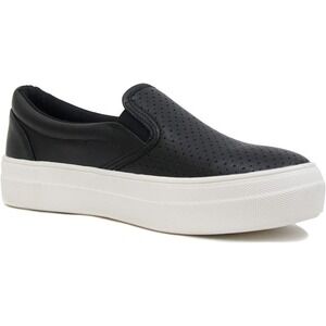 Women's Slip-On Platform Sneakers Memory Foam Faux Leather Black Size 8.5